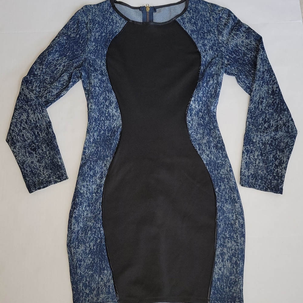 Long Sleeve Slimming Blue Black Mini Dress
